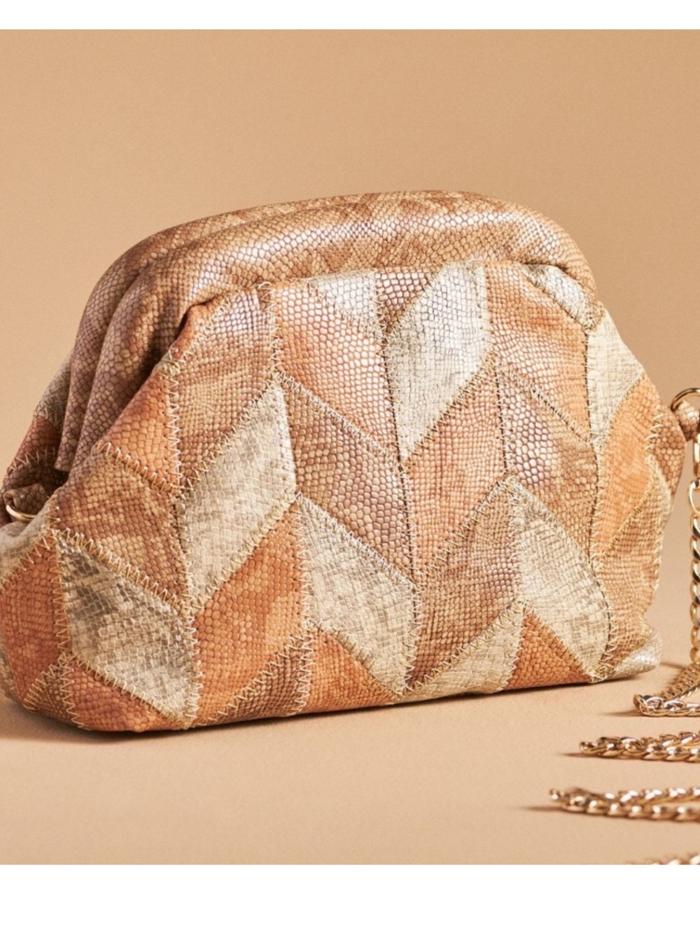 Anthropologie Woven Chevron Pouch Shoulder Bag Beige Tan Gold Chain Strap